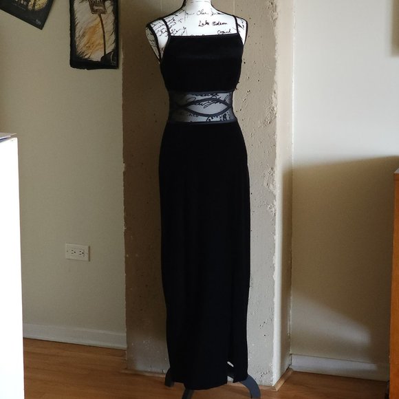 Vintage Black Velvet Mesh Panel Sleeveless Long Special Occasion Dress - Picture 3 of 12